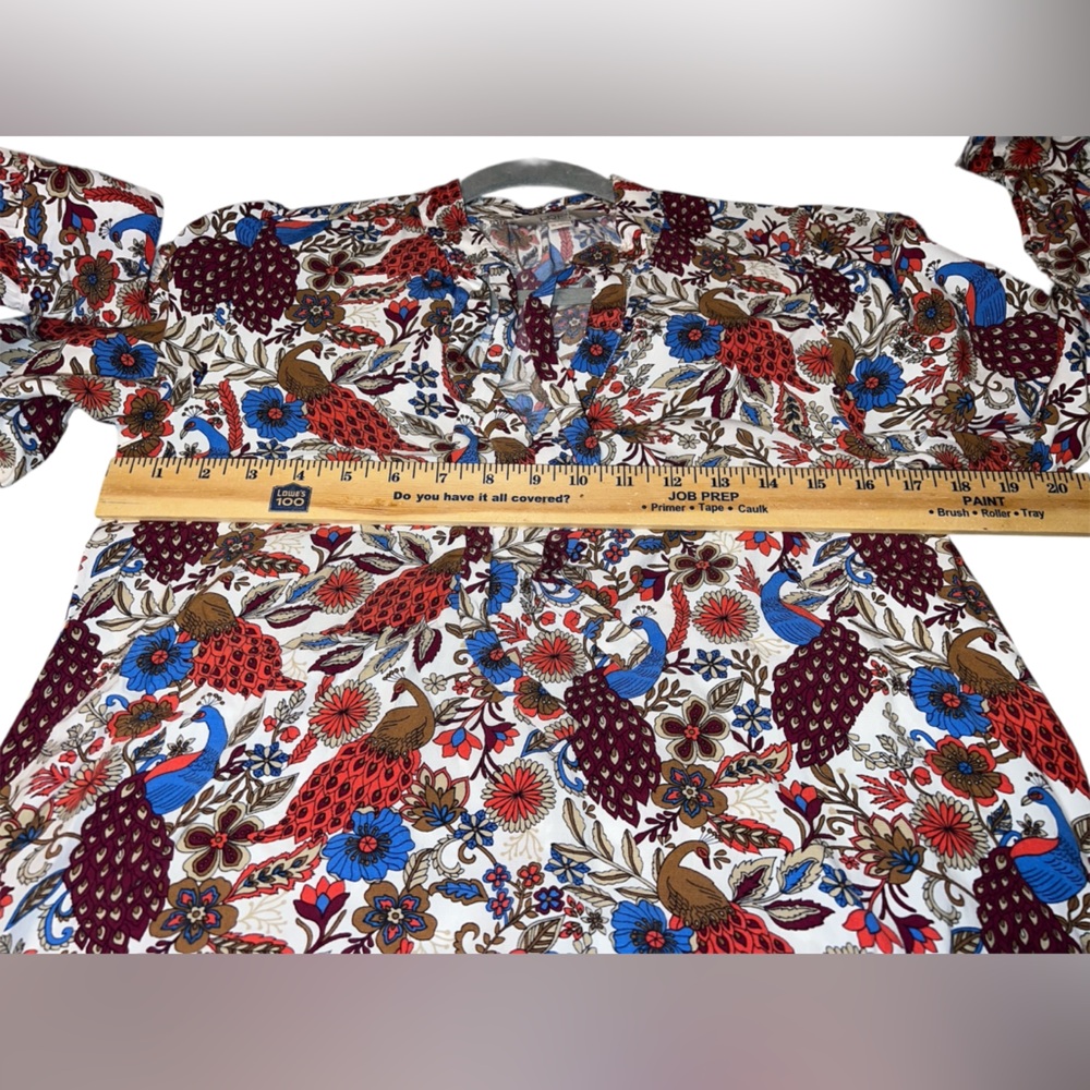 Floral peacock pattern Tiered Dress Long sleeve Button cuffed sleeves V Neck